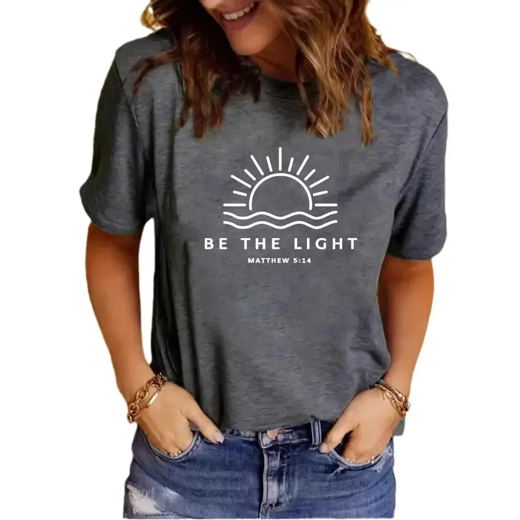 Women's Casual Round Neck 'Be the Light' Graphic T-Shirt - Soft Cotton Tee for Everyday Wear, Street Style & Layering