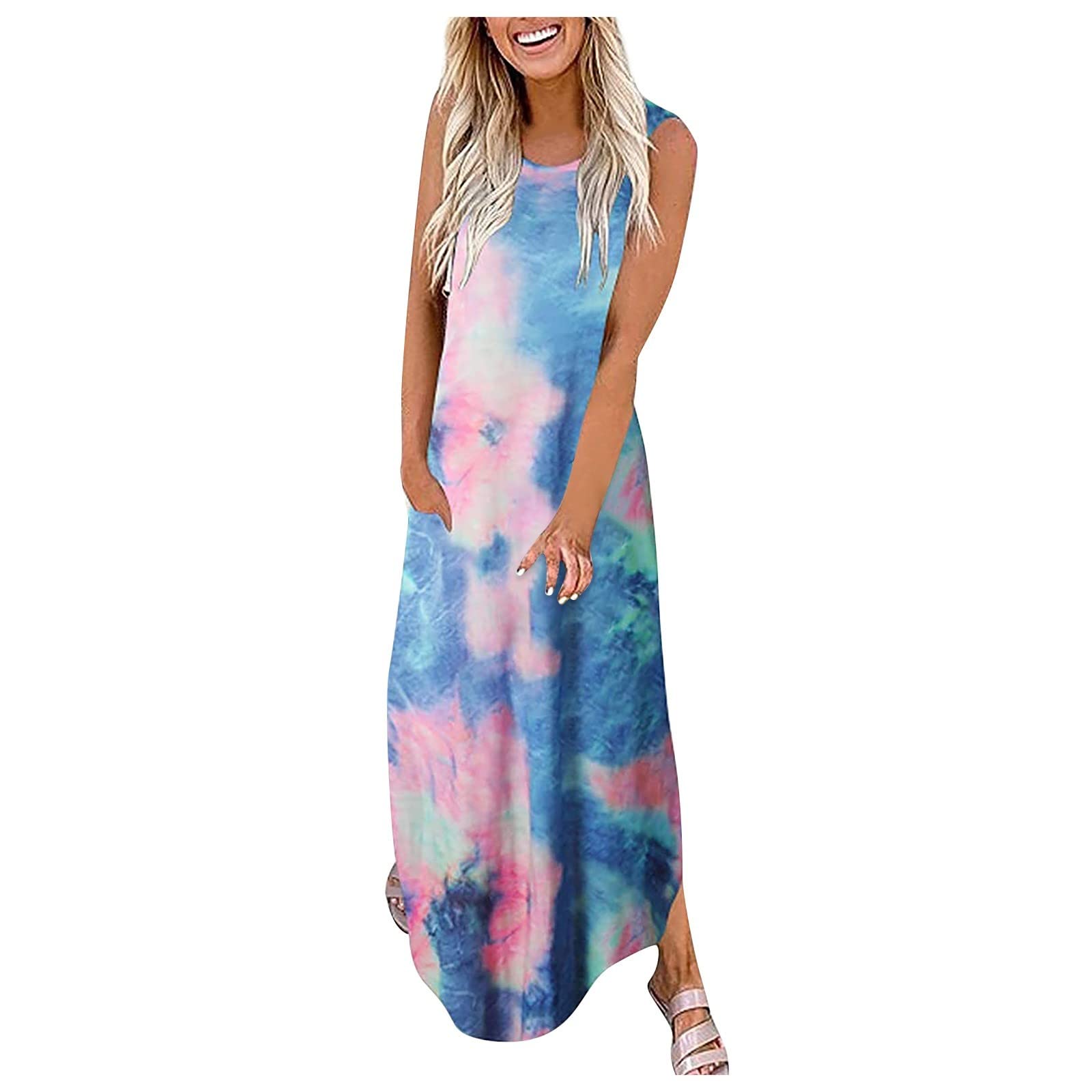 **Women's Summer Casual Maxi Dress - Loose Sleeveless Tie Dye Beach Dress with Pockets | Perfect for Vacations, Beach Outings & Boho Style**