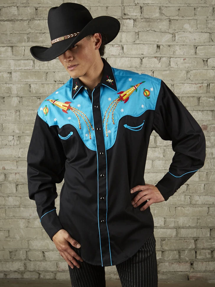 Rockmount 6726 Men's 2-Tone Space Cowboy Embroidered Western Shirt - Black & Turquoise - Perfect for Country Music Festivals, Rodeos & Western Fashion