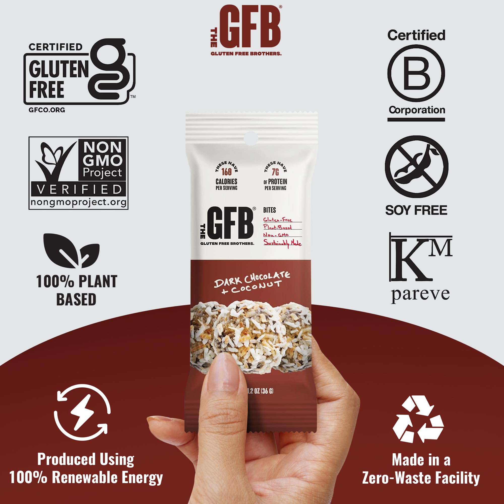 GFB Dark Chocolate Coconut Protein Bites - Gluten Free, Vegan, Plant-Based Protein Snacks, Non-GMO, Sustainably Made - Healthy Energy Balls for Workouts, Hiking & On-the-Go Snacking, 1.2oz (10 Count)