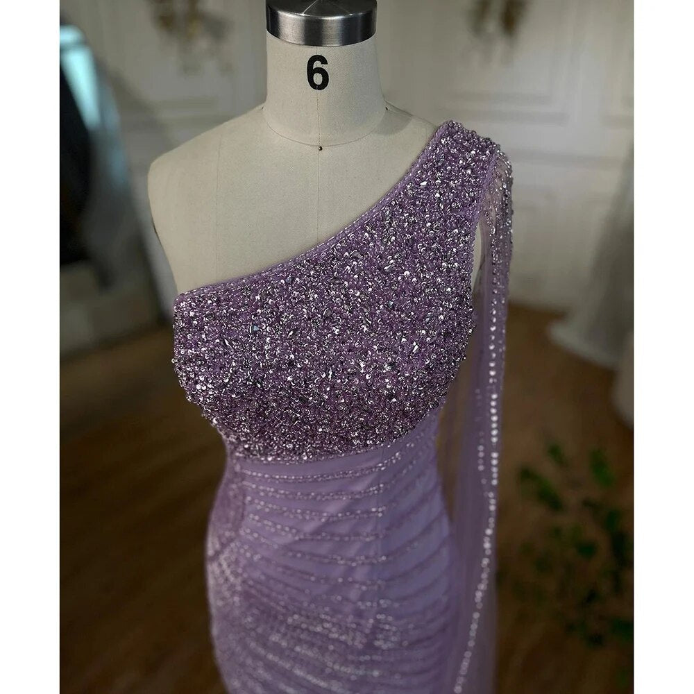 Serene Hill Lilac Mermaid Elegant One Shoulder Sexy High Slit Beaded Evening Dress Gown 2025 for Women - Perfect for Weddings, Prom, Cocktail Parties & Formal Events