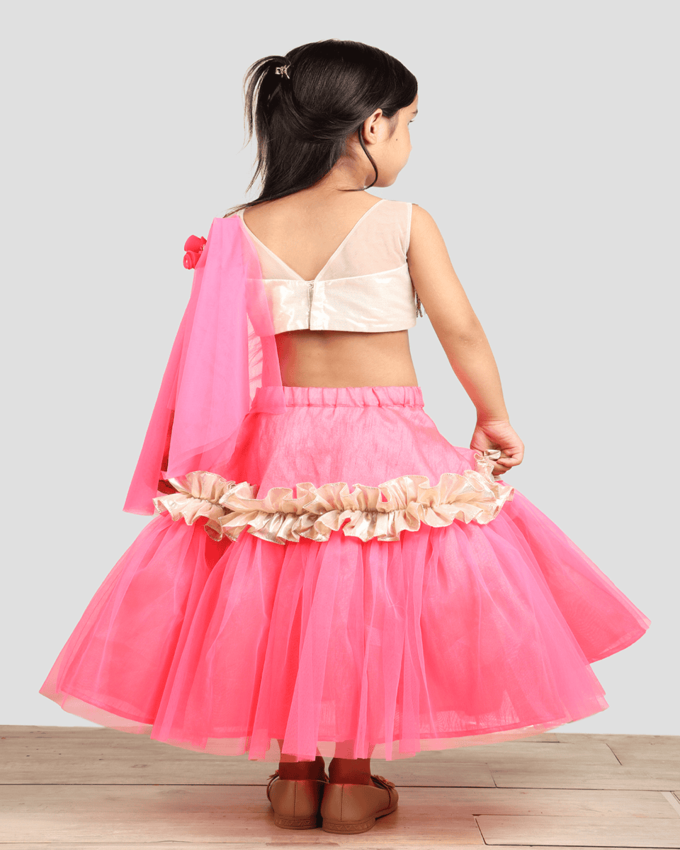 Pre Order: Golden & Pink Ghagra Choli with Frill - Elegant Indian Bridal Lehenga for Weddings, Festivals & Special Occasions