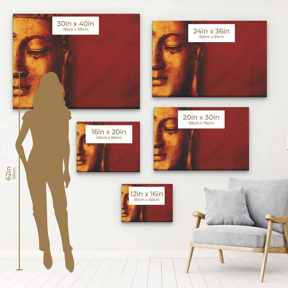 Red Buddha Face Wall Art Canvas Print 8285 - Spiritual Home Decor for Living Room, Bedroom & Meditation Space