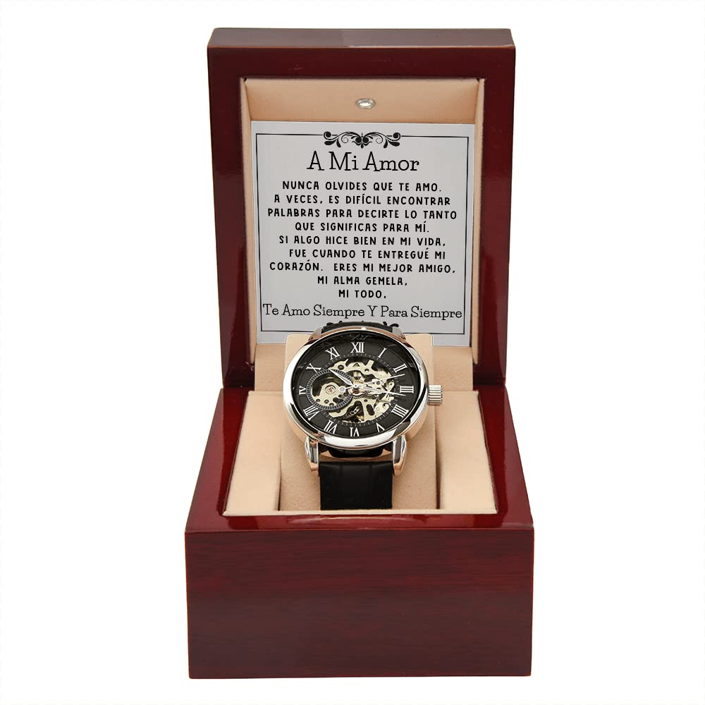 Automatic Skeleton Watch for Men - Romantic 'A Mi Amor' Spanish Gift for Him - Perfect Father's Day Present - Stylish Mechanical Watch for Daily Wear & Special Occasions