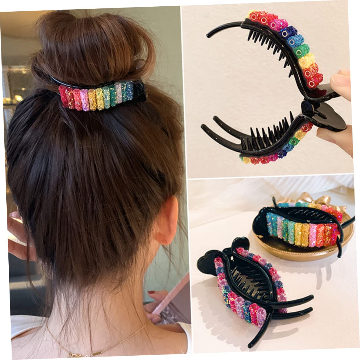 LALAFINA Rainbow Hair Claw Clips 2 Pack - Non-Slip Interlocking Teeth Hair Clips for Women, Hair Accessories for Updos, Ponytails & Bun Hairstyles - Perfect for Parties, Weddings & Everyday Use
