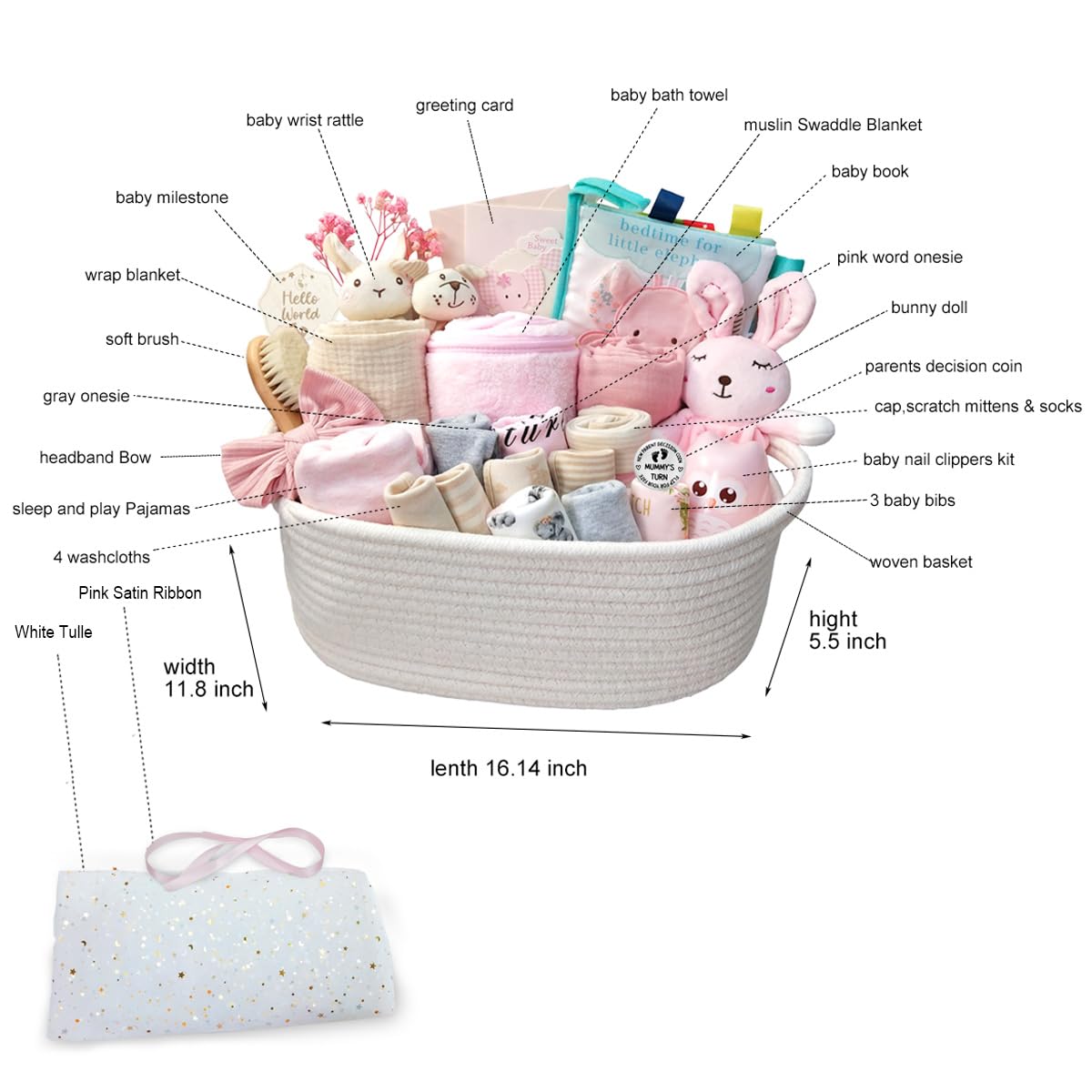 27-Piece Baby Girl Shower Gift Basket Set - Newborn Essentials with Rattle, Swaddle Blanket & Diaper Caddy Organizer | Perfect Baby Registry, Welcome Home & First Birthday Gift Idea | Large Pink Gift Box for New Parents