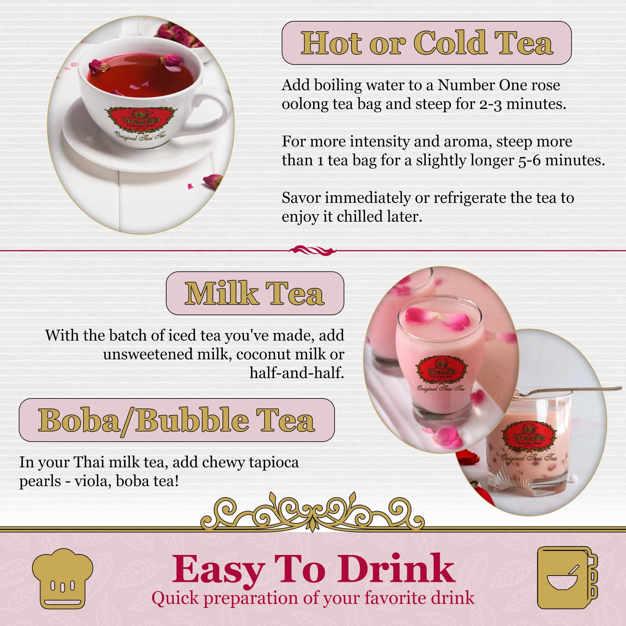 Premium Thai Tea Sampler - Cha Tra Mue Original, Matcha, Gold Aroma & Green Tea Bags (40g x 50 Sachets) + Rose Tea - Authentic Thai Milk Tea Mix for Bubble Tea, Iced Tea & Dessert Recipes