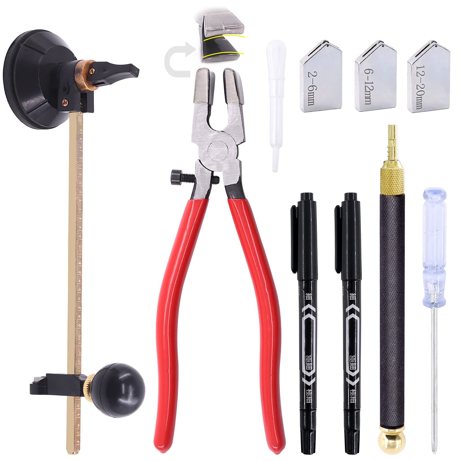 9-Piece Glass Cutting Tool Set with Adjustable Circular Cutter, Running Pliers & Carbide Tips (2mm-20mm) – Includes 3 Bonus Blades for DIY Mosaic, Mirror & Tile Projects – Perfect for Home Renovation & Crafting