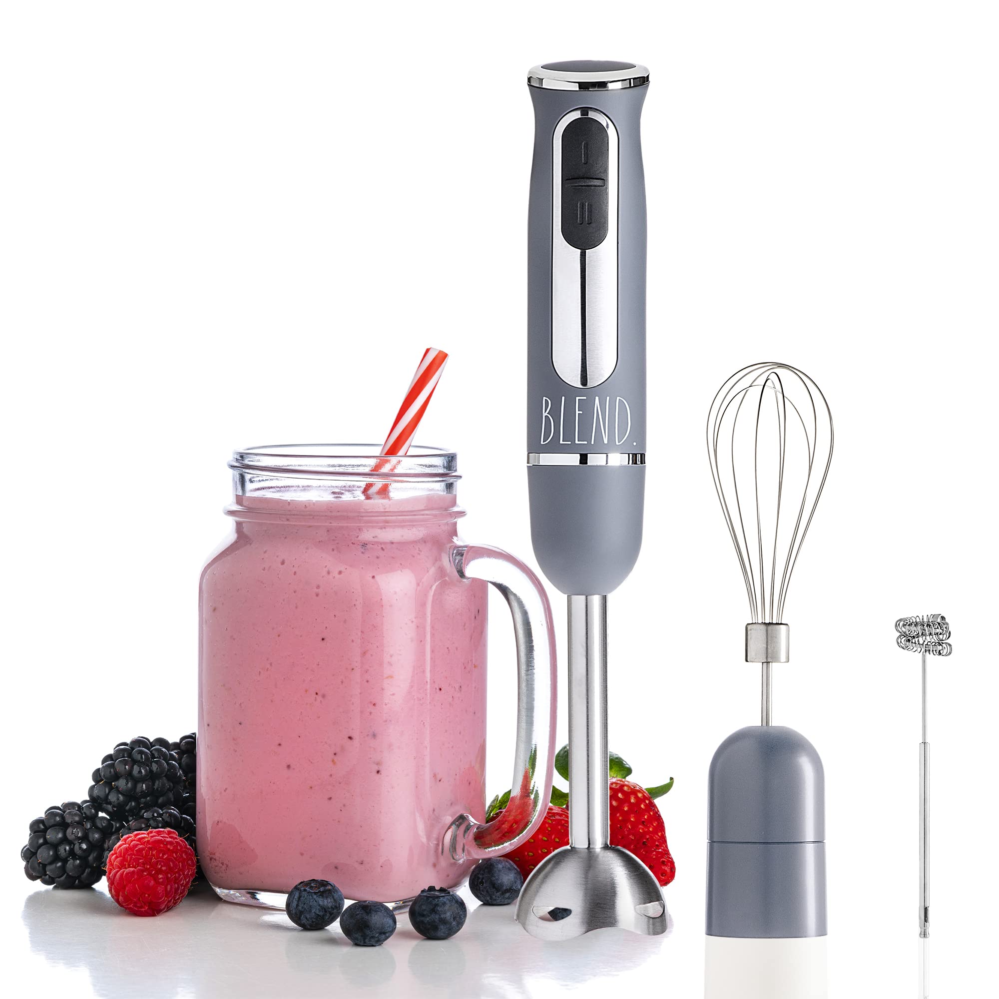 Rae Dunn Immersion Hand Blender 500W - 2-Speed Stainless Steel Handheld Blender with Whisk & Milk Frother Attachments - Perfect for Smoothies, Soups, Baking & Coffee Drinks at Home