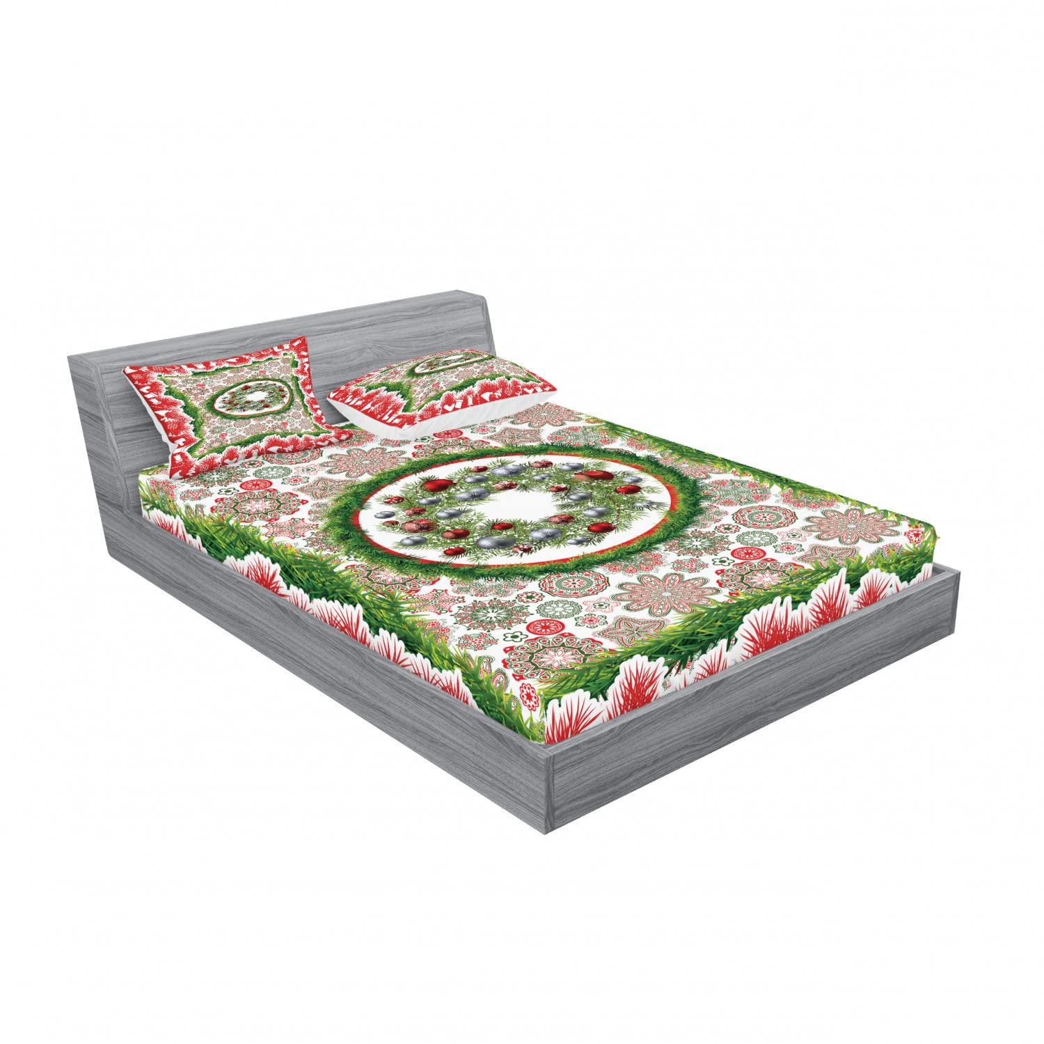 Ambesonne Christmas 2-Pack Queen Size Fitted Sheet Set with 4 Pillow Shams - Holiday Fir Wreath Ornament Design Bedding Decor for Festive Home Decorating | Perfect for Guest Rooms, Holiday Parties & Cozy Winter Nights
