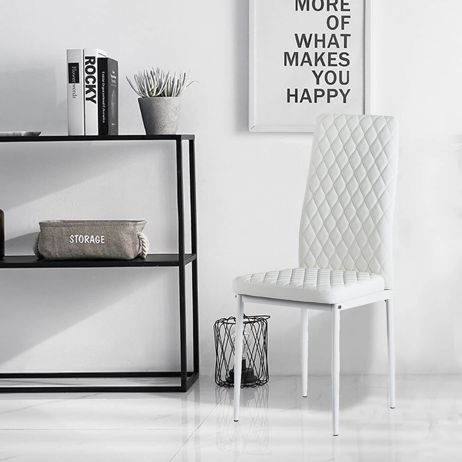Modern PU Leather Dining Chairs Set of 4 - Armless Side Chairs with Metal Legs for Kitchen, Living Room & Dining Room - Comfortable White Seating for Home, Office & Restaurant Use