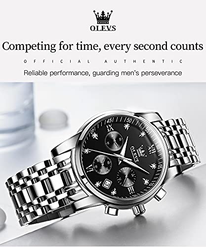 OLEVS Men's Stainless Steel Waterproof Luminous Quartz Watch with Date & Stopwatch - Silver Band Black Dial | Business, Casual & Outdoor Wear