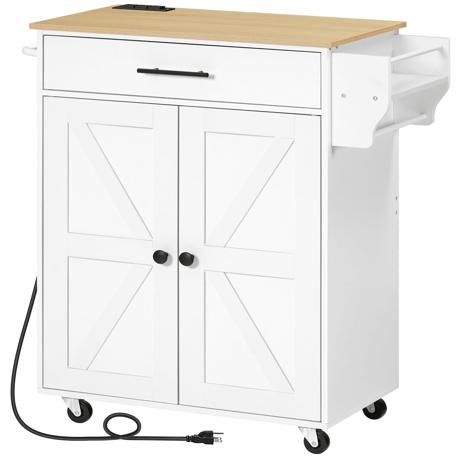 HOOBRO Kitchen Island with Power Outlet & Storage | Large Worktop, Spice Rack, Drawer & Wheels | Mobile Kitchen Cart for Small Spaces | White & Natural Finish | Perfect for Meal Prep, Entertaining & Extra Counter Space