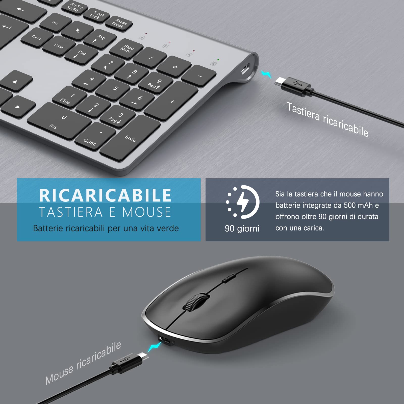 JOYACCESS Wireless Keyboard and Mouse Combo, Full-Size Compact 2.4GHz Wireless Keyboard with Rechargeable Battery & Ergonomic Silent Mouse for PC, Laptop, Office, Home - Grey Black | Perfect for Work, Gaming & Everyday Computing