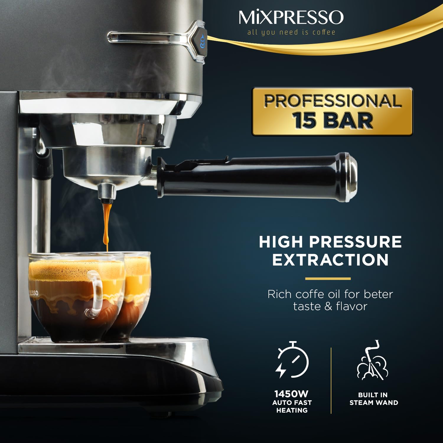 Mixpresso Professional 15 Bar Espresso Machine with Milk Frother - Fast Heating 1450W, Double Cup Splitter & 37Oz Water Tank - Perfect for Home Baristas Making Espresso, Cappuccino & Latte (Ideal for Small Kitchens, Offices & Coffee Enthusiasts)