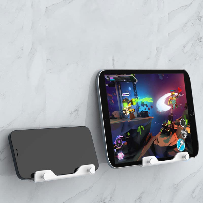 Hands Free Wall Mount Phone Holder with Adhesive Strip - Universal Compatible with All Smartphones & Mini iPads - White - Perfect for Bedroom, Living Room & Kitchen - Watch Videos, Follow Recipes & Video Chat Hands-Free