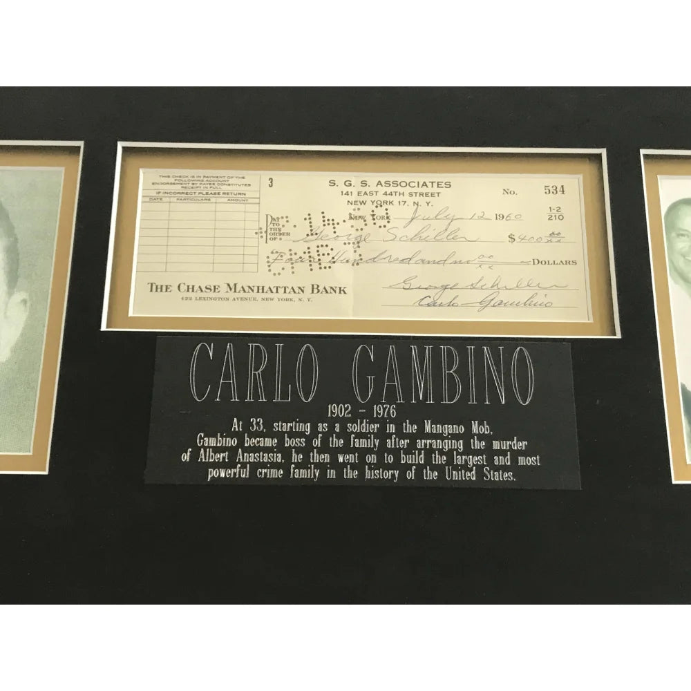 Authentic Carlo Gambino Signed Personal Check with JSA COA - Framed Mafia Crime Family Memorabilia - Perfect for Collectors, Mob History Enthusiasts & Unique Wall Decor