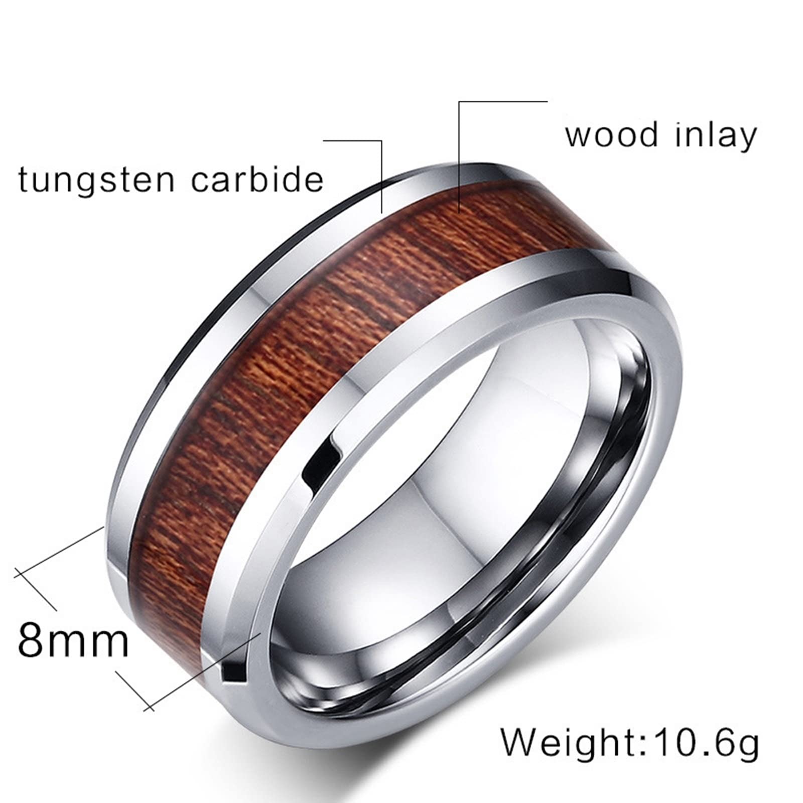 ANAZOZ Men's Tungsten Carbide Engagement Ring - 8MM Wooden Promise Band with Beveled Edge - Durable Wedding Ring for Him - Perfect for Proposals, Anniversaries & Special Occasions