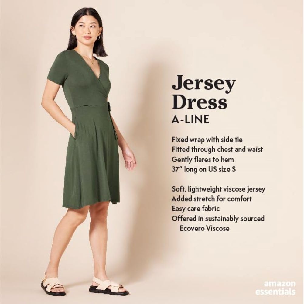 Amazon Essentials Women's Short Sleeve Faux-Wrap Dress - Flattering Casual & Office Wear for Women | Comfortable Stretchy Fabric for Everyday Use, Work, Dates & Special Occasions