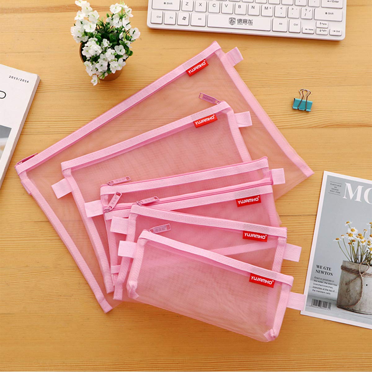 Mesh Zipper Pouch 5pcs - Lightweight Nylon Document Organizer for Travel & Office (Pink, A4/A5/A6) - Perfect for Cosmetics & Supplies Storage
