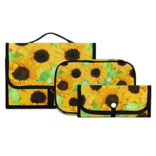 Yellow Sunflower & Green Leaf Hanging Toiletry Bag Set - 3 PCS Clear Travel Makeup Organizer for Women | Portable Cosmetic Storage | Perfect for Vacation, Gym & Weekend Getaways
