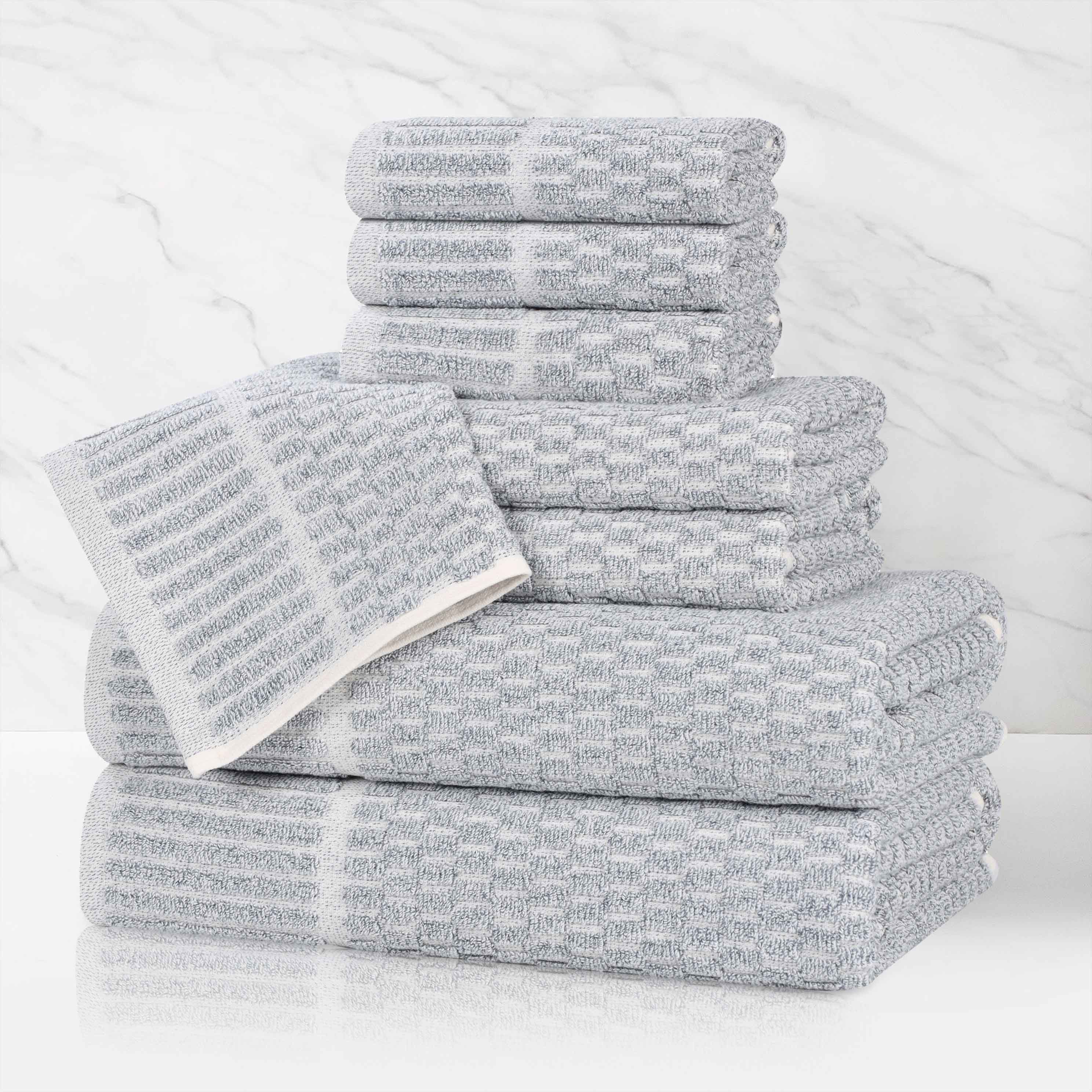 Premium 8-Piece Cotton Blend Checkered Border Towel Set - Medium Weight, Soft & Absorbent for Bathroom, Kitchen & Guest Use