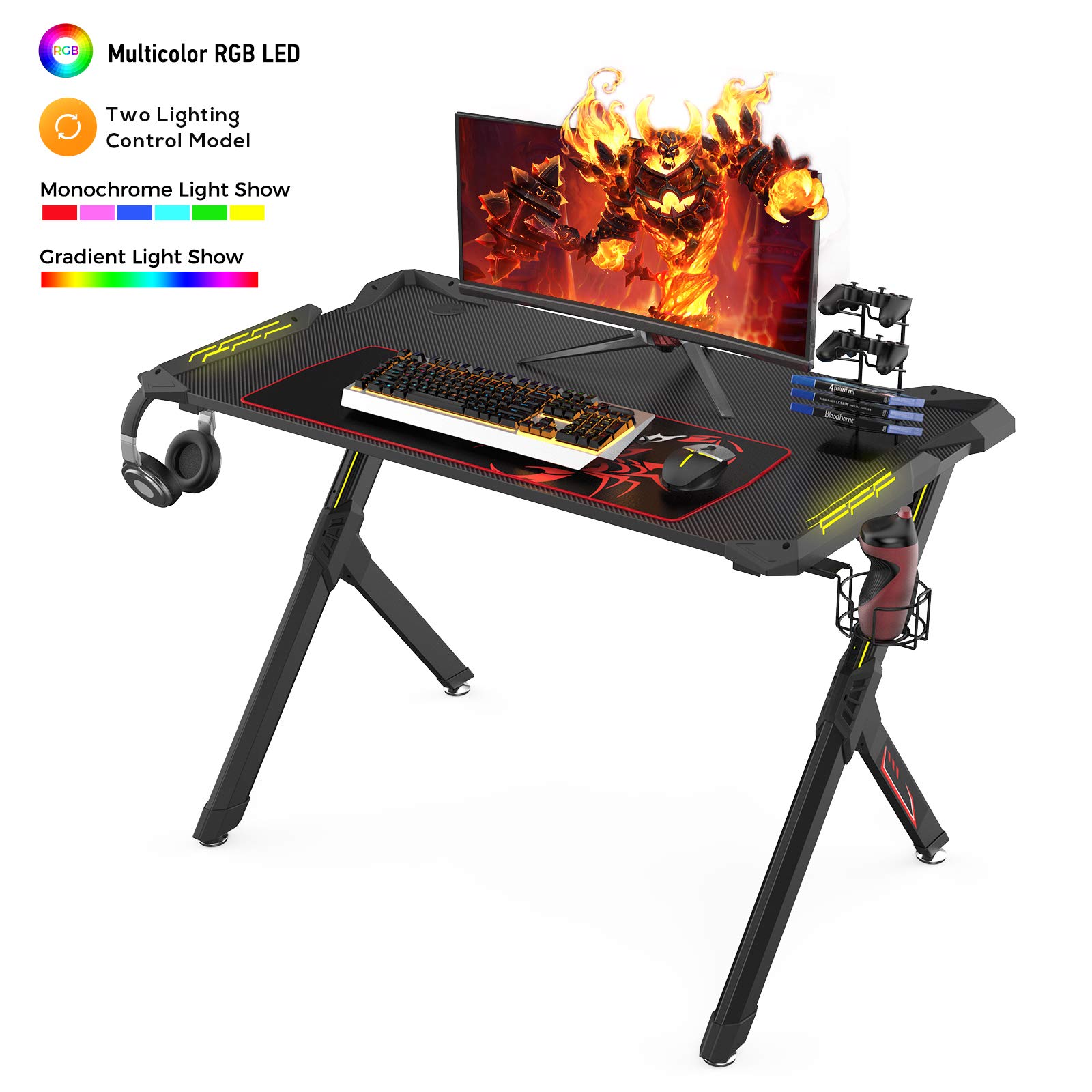 44.8 Inch DESIGNA LED Gaming Desk with USB Handle Rack - Ergonomic E-Sport Computer Desk with Free Mouse Pad, Cup Holder & Headphone Hook for Home Office - Perfect for PC Gaming, Streaming & Work Setup (Black)