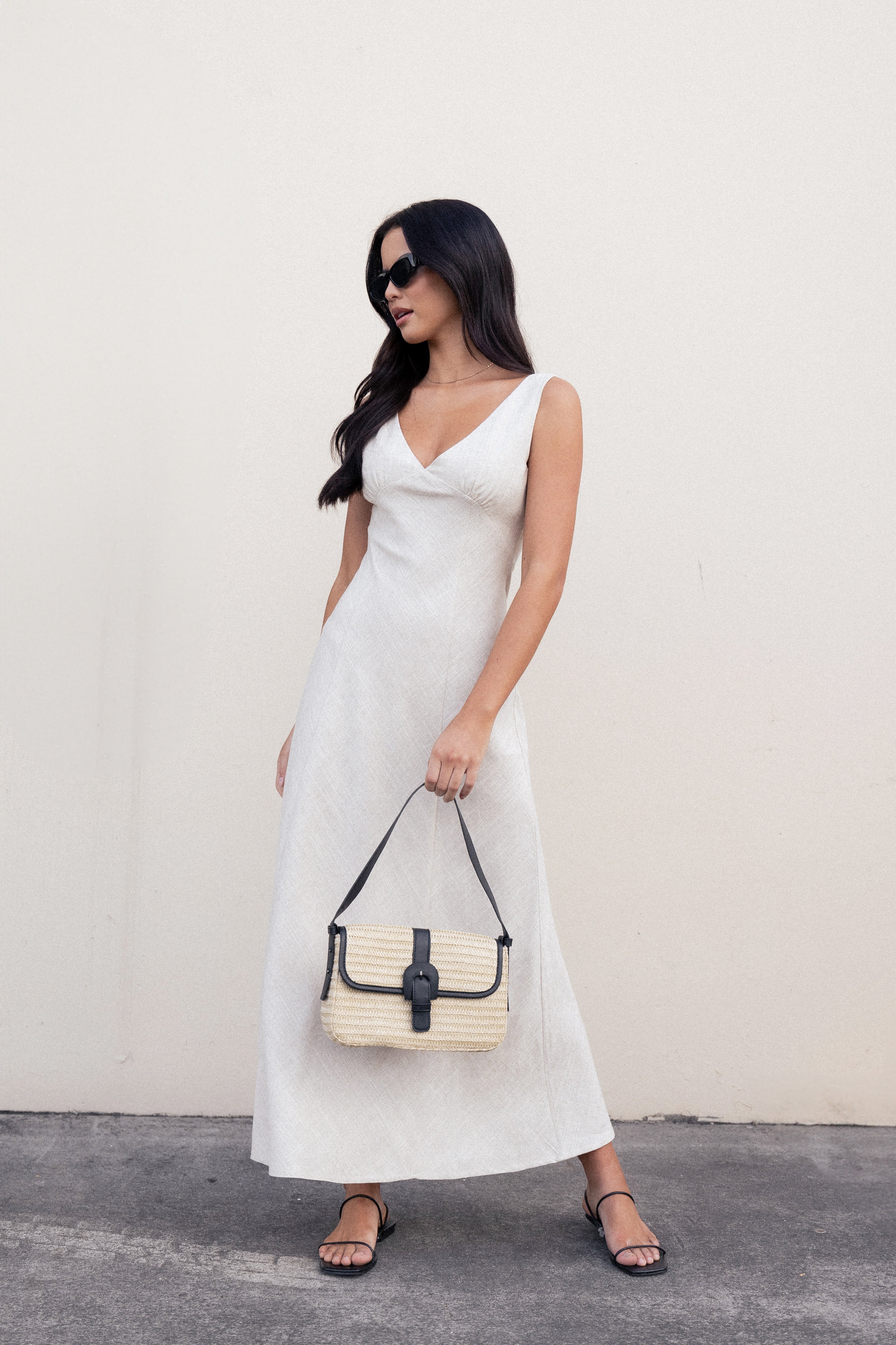 Adren Midi Dress for Women - Elegant Oatmeal Color, Flowy A-Line Silhouette, Perfect for Casual Outings, Office Wear & Special Occasions