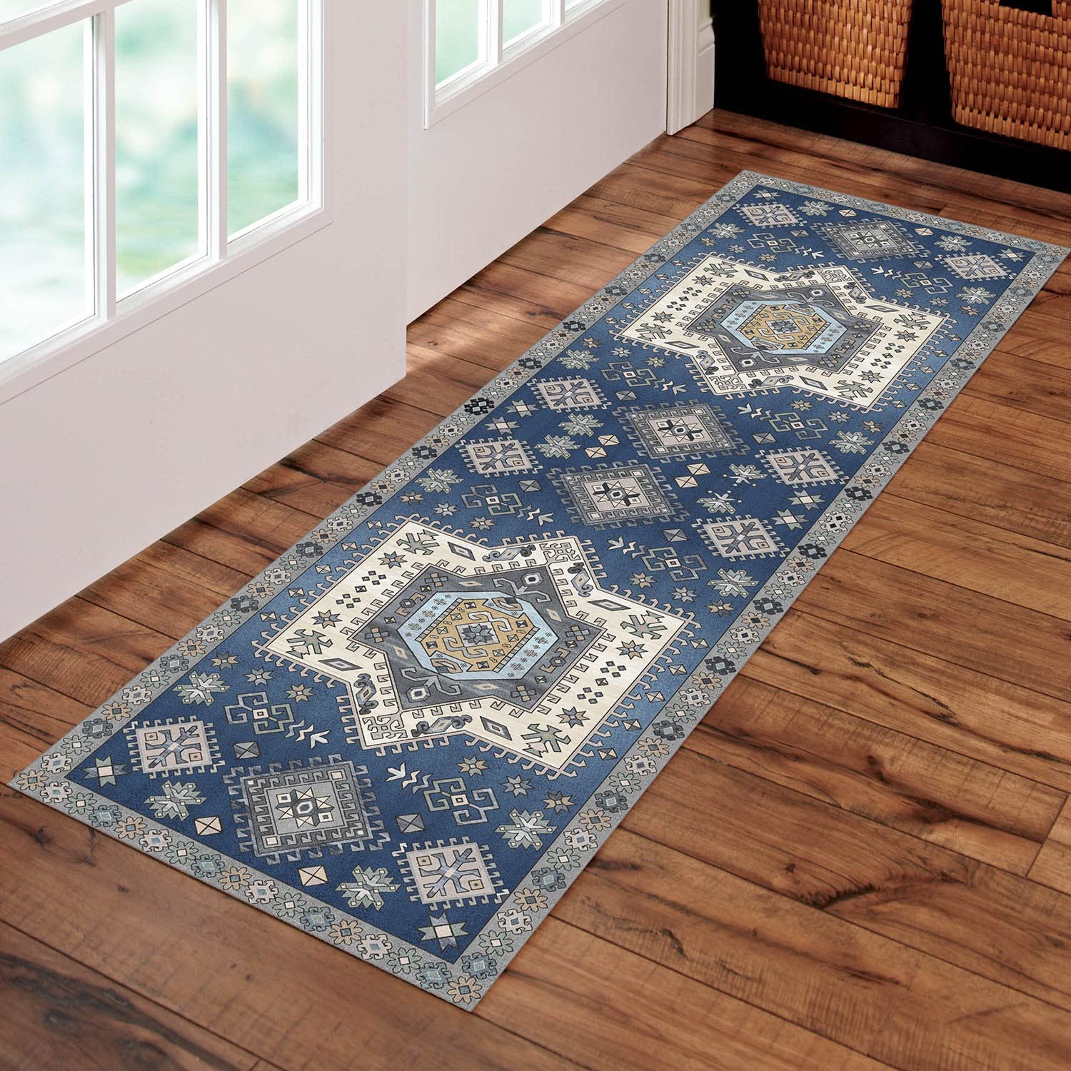 Non-Slip Washable Runner Rug 4'x6' - Traditional Blue Boho Design with TPR Rubber Backing for Hallway, Laundry Room, Kitchen & Entryway - Durable & Customizable Home Decor Mat