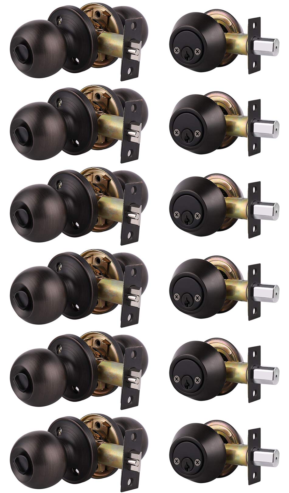 6 Pack Oil Rubbed Bronze Exterior Deadbolt & Door Knob Set - Keyed Alike Double Cylinder Entry Door Lockset with OverCycles | Home Security Upgrade for Front Doors, Back Doors & Rental Properties