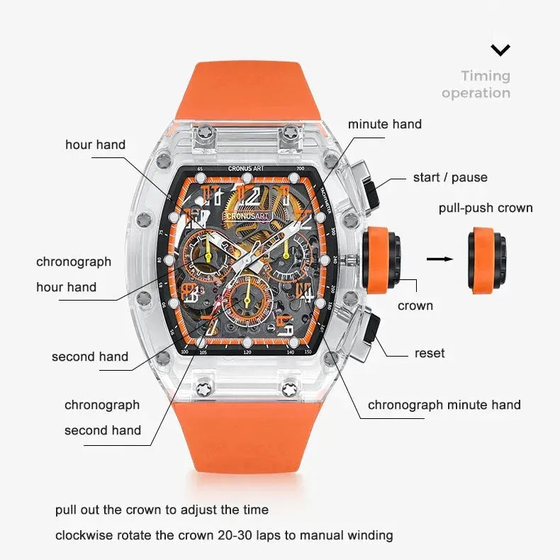 CRONUSART Men's Chronograph Watch 50mm x 42mm Tonneau Mechanical Wristwatch with Sapphire Crystal Case, Luminous Fluororubber Strap & Skeleton Dial - Perfect for Business, Casual Wear & Outdoor Activities