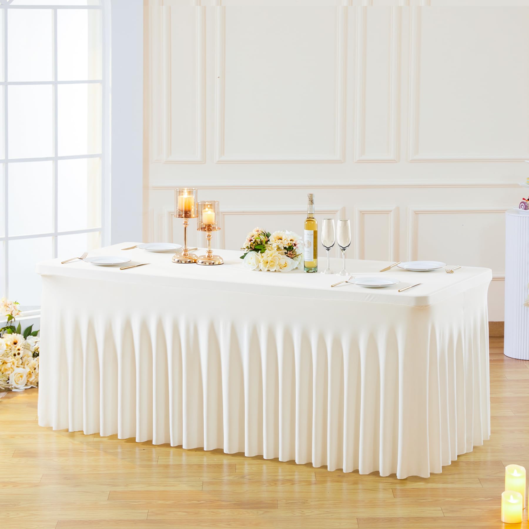 Besutolife 6ft Ivory Spandex Tablecloth - Stretchable Rectangle Table Cover with Skirt for Banquets, Weddings & Dining Tables - Perfect for Fall Decor & Special Events
