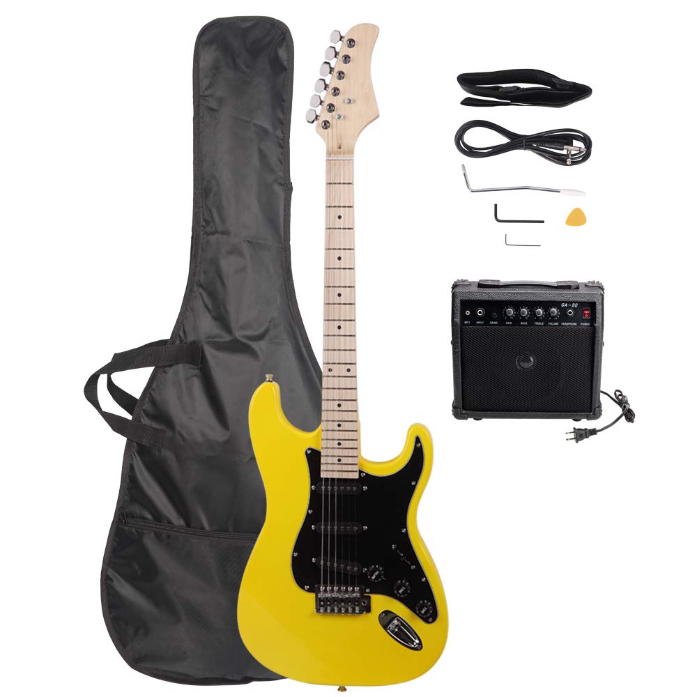 Waful 6-String Electric Guitar Beginner Kit with Amp, Bag & Accessories - Solid Body ST Style Guitar for Beginners (Black Pickguard, Yellow) - Perfect for Home Practice, Stage Performances & Music Lessons