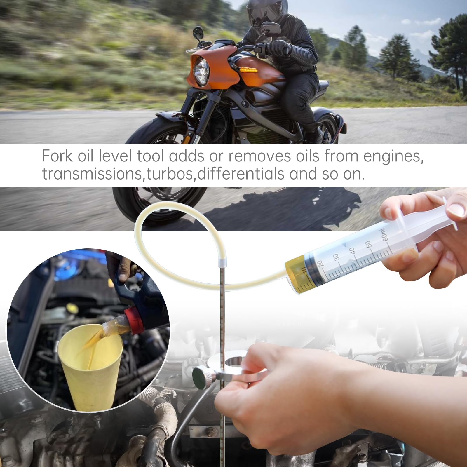 Windance Motorcycle Fork Suspension Oil Level Gauge Tool with Adjustable Ring - 60ml Front Fork Oil Syringe for Dirt Bike, ATV & Cruiser Maintenance - Perfect for DIY Motorcycle Repair and Fork Oil Change