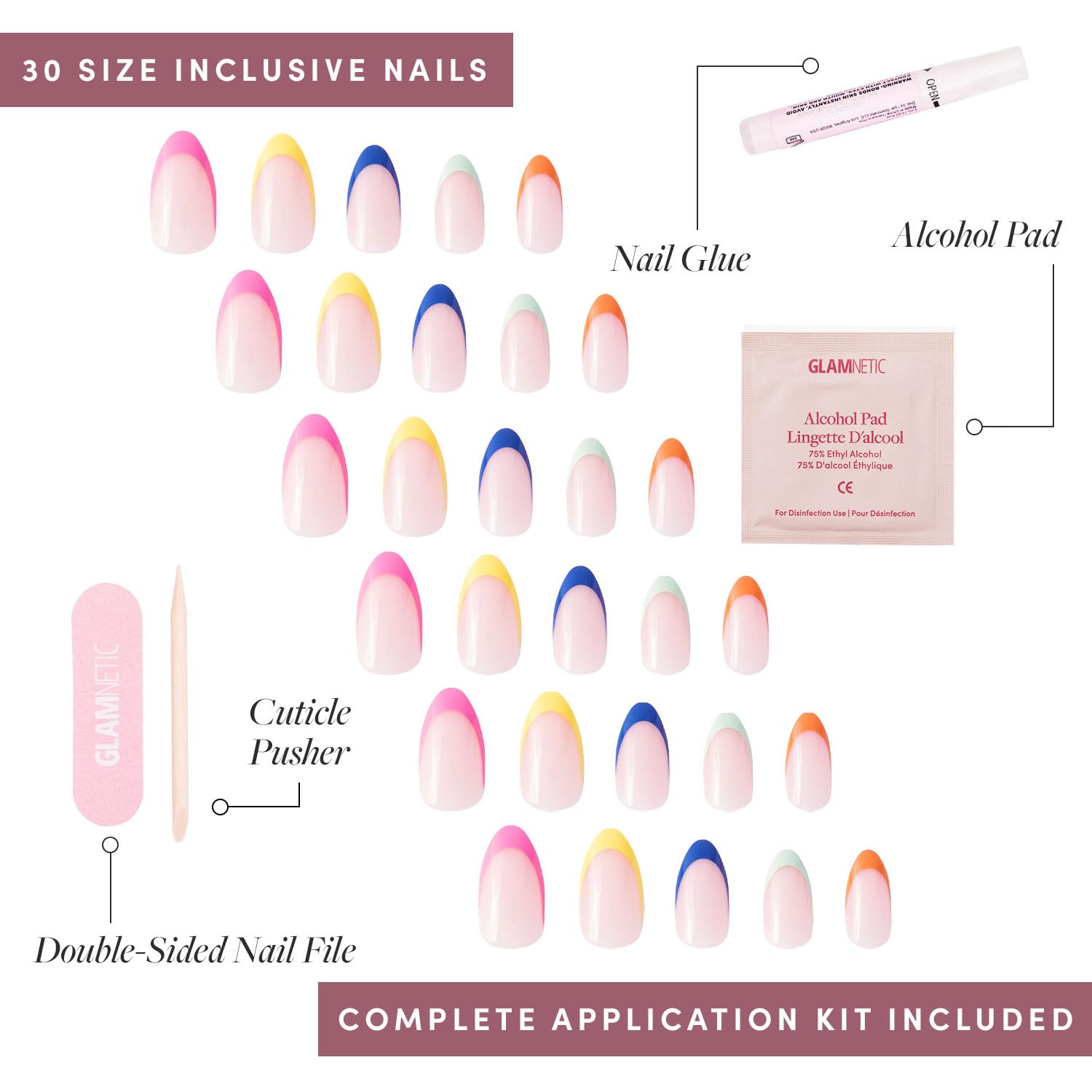 Glamnetic Press On Nails - Rainbow French Tip Artificial Nails with UV Finish, Short Pointed Almond Shape, Reusable Semi-Transparent Fake Nails in 12 Sizes (24-Piece Kit with Glue) | Perfect for Parties, Weddings, and Everyday Glam