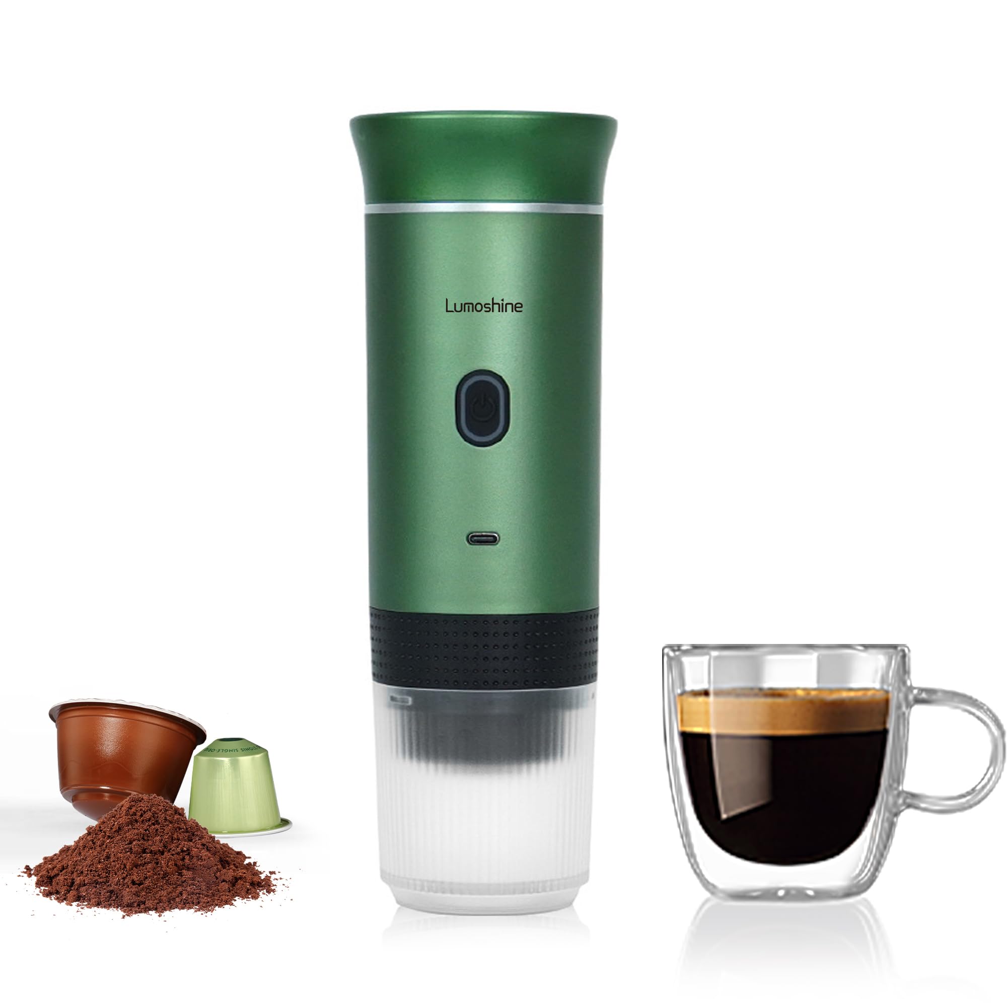 LumoShine Portable Espresso Machine - Mini Self Heating Coffee Maker for Ground Coffee & Nespresso/Dolce Gusto Capsules | Perfect for Camping, Hiking, RV Trips & Outdoor Travel | Compact & Eco-Friendly Design