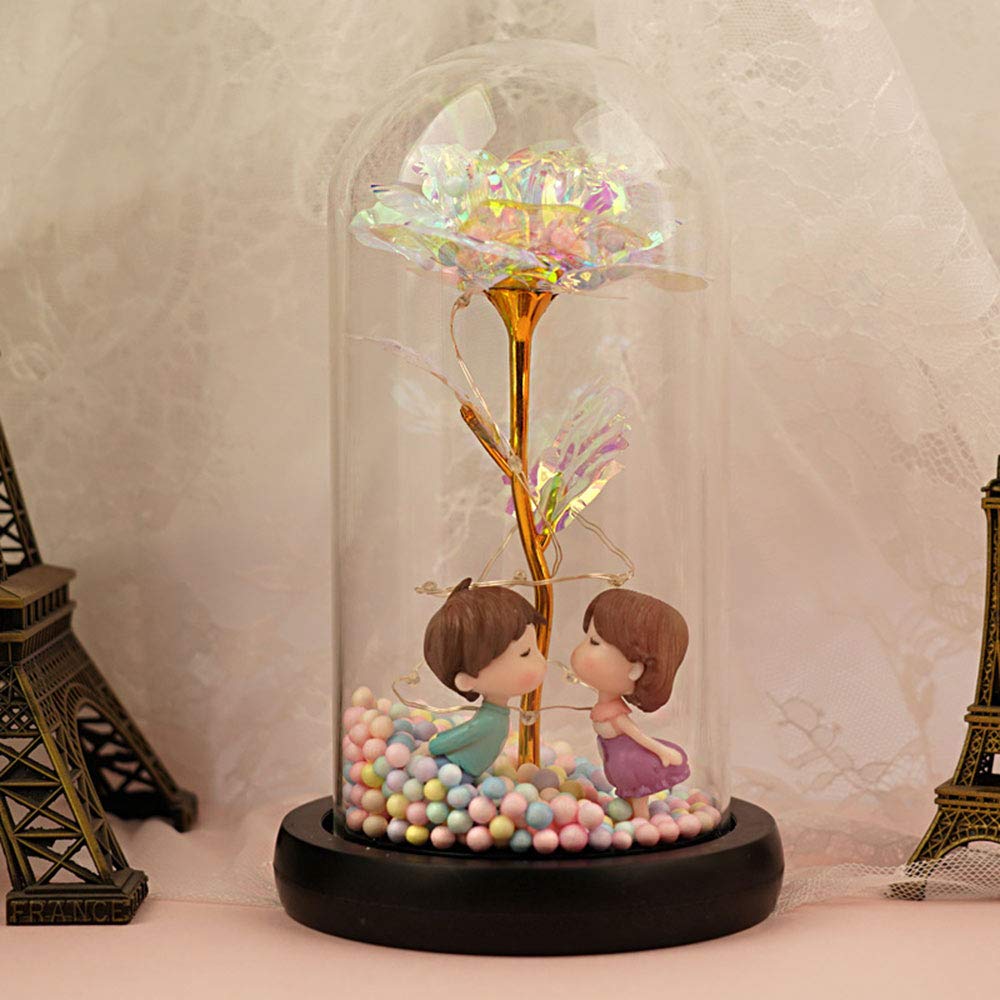 Galaxy Gold Dipped Rose Flower with LED Fairy Lights in Glass Dome on Wooden Base - Romantic Valentine's Day & Anniversary Gift for Her, Perfect for Bedroom Decor, Wedding Centerpiece, and Special Occasion Surprise