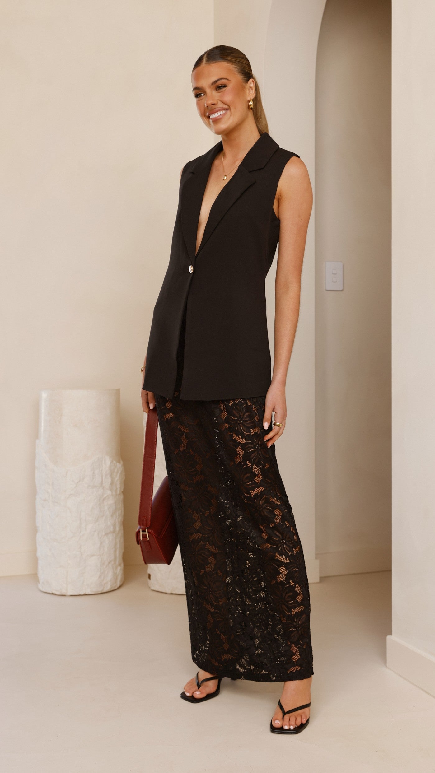 Indah Oversized Vest and Lace Maxi Skirt Set - Black | Women's Boho Chic Outfit for Casual Wear, Date Night & Special Occasions
