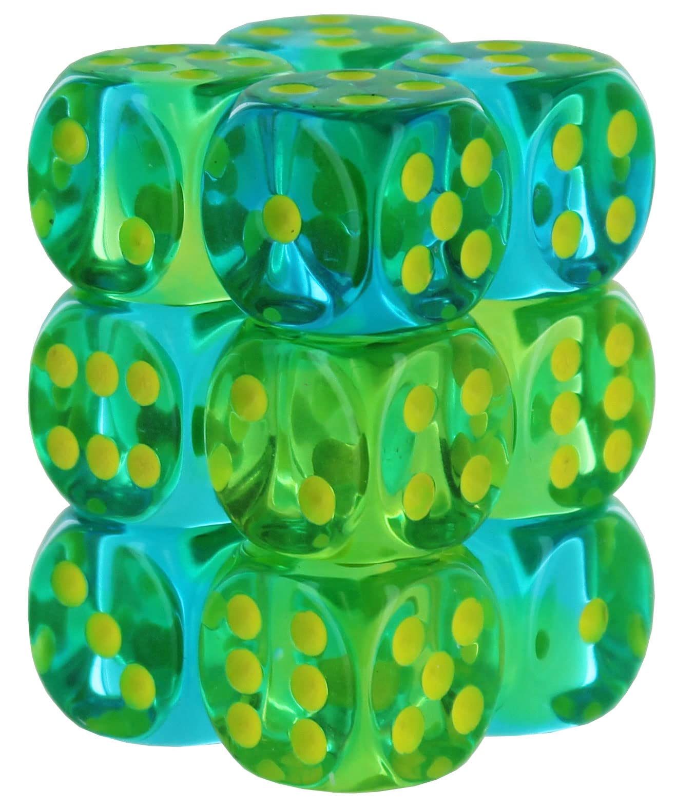 Gemini Dice Block Set - 12 Premium 16mm D6 Dice for Board Games, RPG & Miniature Games | Translucent Green-Teal Yellow | High-Quality Roleplaying Accessories by Chessex | Perfect for D&D, Magic: The Gathering & Tabletop Gaming