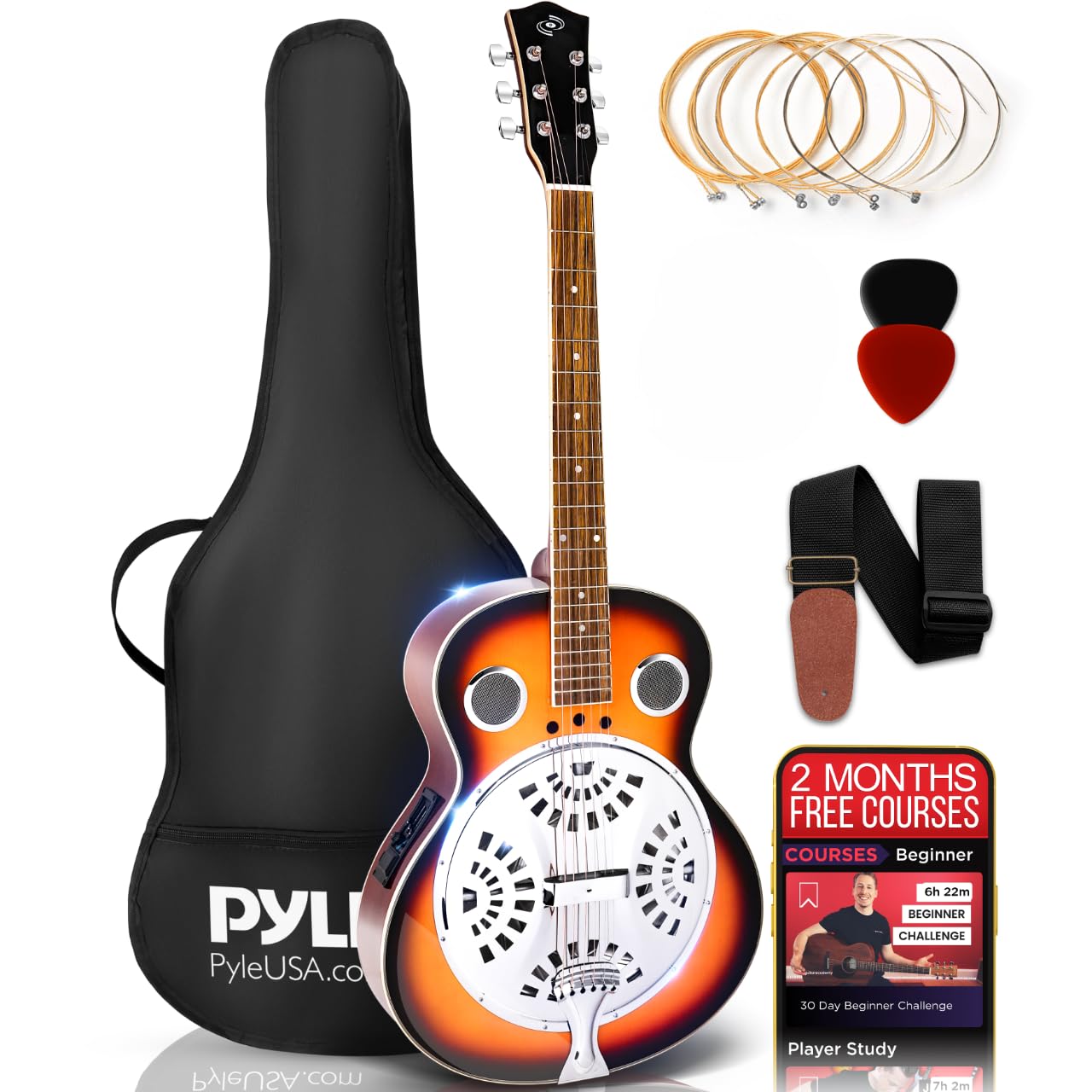 Pyle Resophonic Acoustic-Electric Guitar 6-String Sunburst with Built-in Preamp - Includes Hard Case & Accessories Kit for Professional Performances & Home Practice