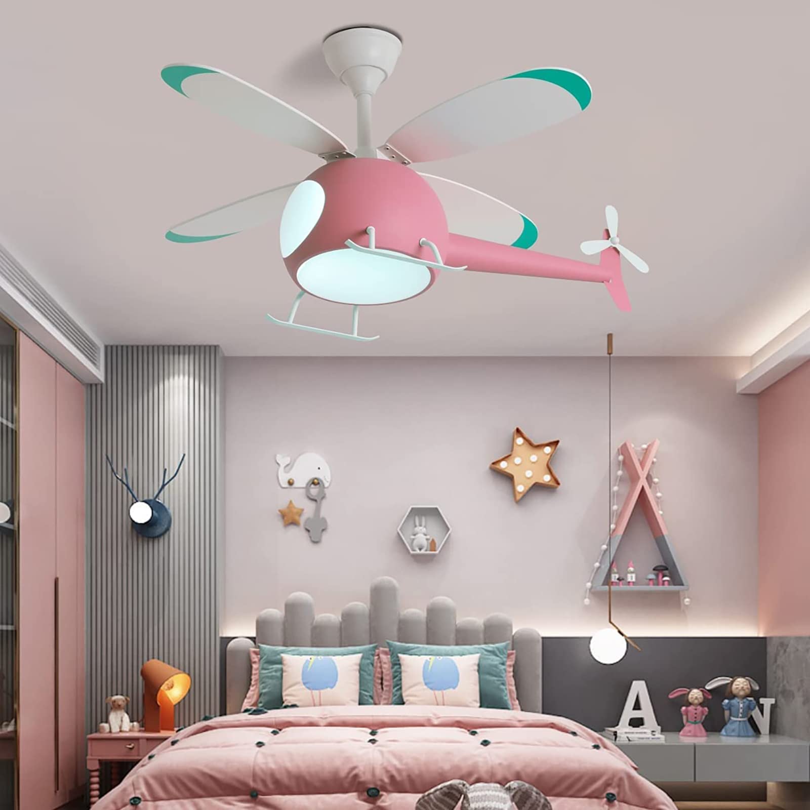 REYDELUZ 31.4-inch 80W LED Ceiling Fan with Modern Helicopter Design - Pink Kids Room Ceiling Fan with Light, Energy Efficient Quiet Blades for Bedroom, Nursery & Home Decor