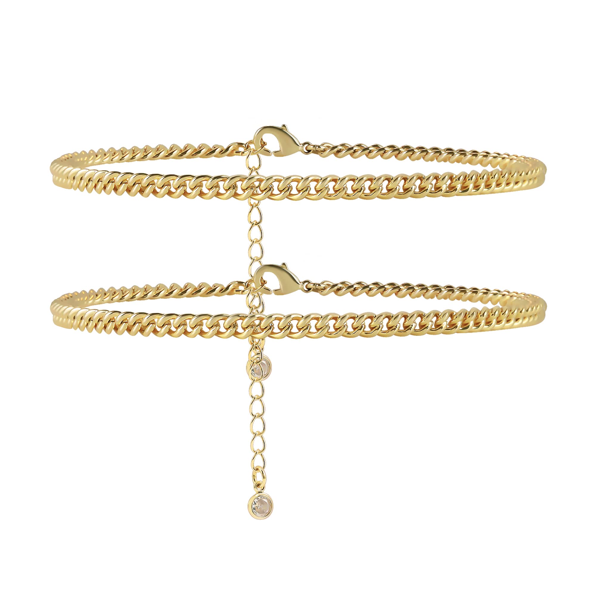 14K Gold Plated Cuban Link Anklet for Women - Boho Herringbone Crystal Heart Beaded Ankle Bracelet, Dainty Layered Gold Ankle Chain Jewelry | Perfect for Summer, Beach, Parties and Everyday Wear | Gift for Women and Girls