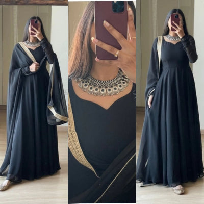 Elegant Black Anarkali Long Kurti with Dupatta Set - 2 Piece Indian Ethnic Dress for Women | Perfect for Weddings, Festivals & Special Occasions