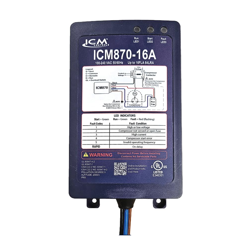 ICM870-16A 16A Soft Starter with Over-Current Protection for Compressors (9.1-16A RLA) - Perfect for HVAC Systems, Refrigeration Units & Industrial Equipment