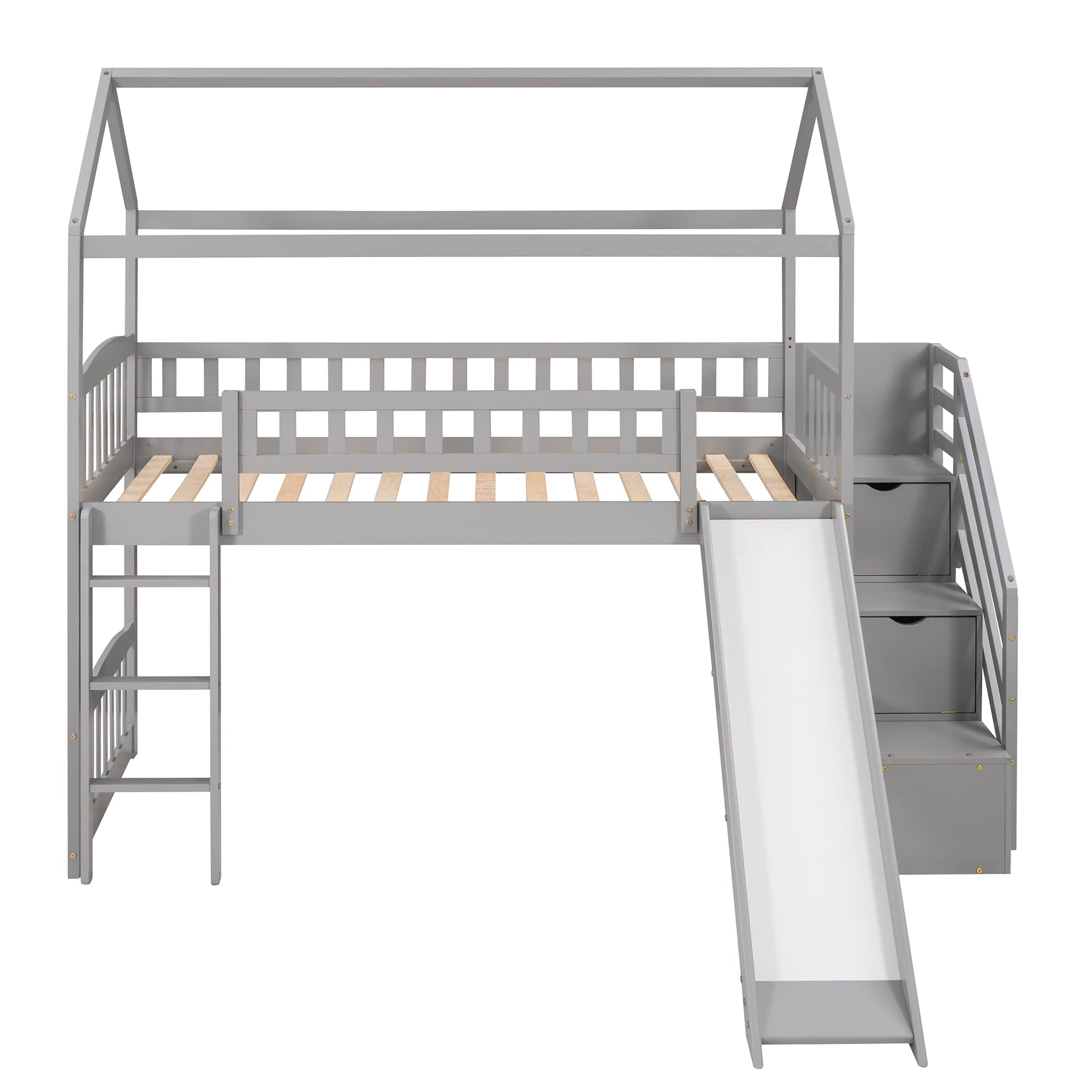 Twin Loft Bed with Slide & Stairs - Wooden House Cabin Bed for Kids & Toddlers with Storage Drawers | Space-Saving Kids Bedroom Furniture for Small Rooms & Play Areas (Grey)