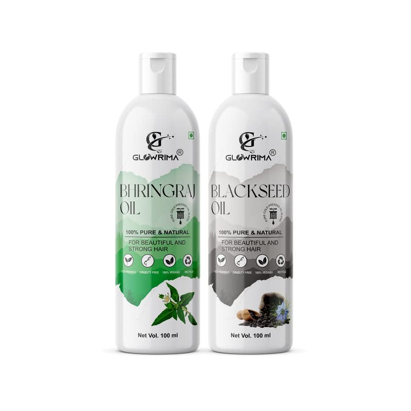 Glowrima 100% Pure Bhringraj Oil & Black Seed Oil Combo (100ML Each) - Promotes Rapid Hair Growth, Reduces Hair Fall, Repairs Split Ends for Soft & Shiny Hair - Perfect for Daily Hair Care & Scalp Massage at Home