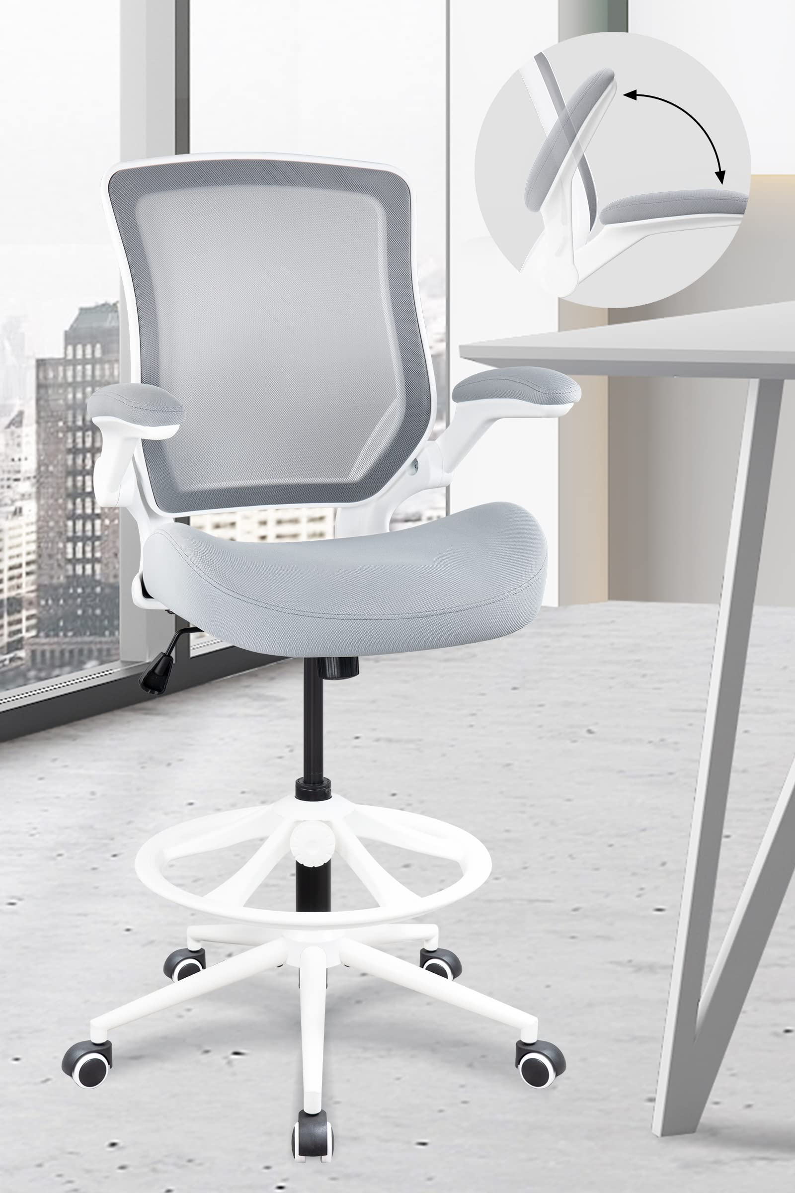 Ergonomic Drafting Chair with Flip-Up Arms & Lumbar Support - Adjustable Standing Computer Desk Chair with Foot Ring - Grey Swivel Task Chair for Office, Home Studio, and Gaming Setup