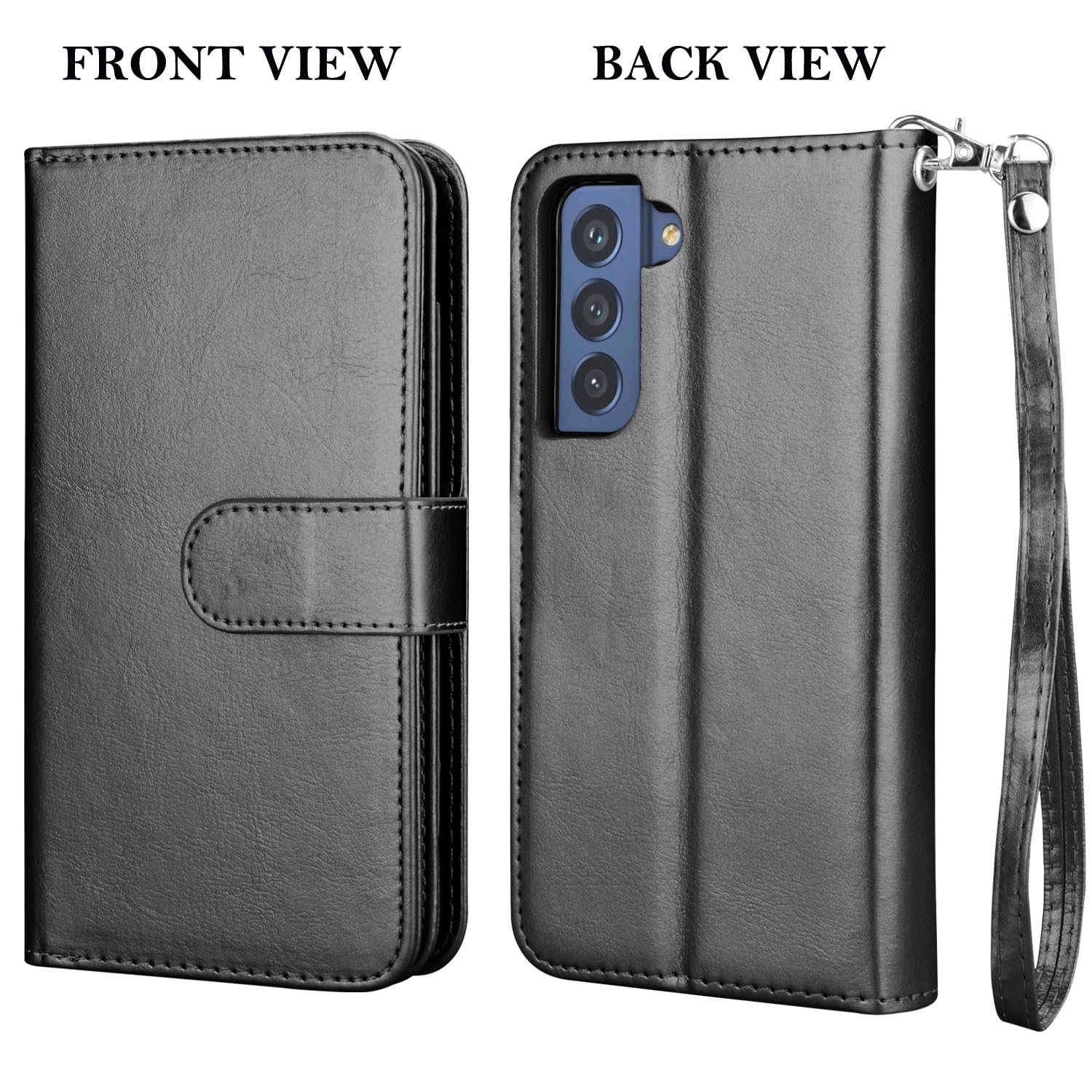 Premium Leather Wallet Case for Samsung Galaxy S21 FE 5G - RFID Blocking Credit Card Holder with 9 Slots, Detachable Magnetic Flip Cover, Built-in Kickstand & Carrying Strap (Black) - Perfect for Travel, Work & Everyday Protection