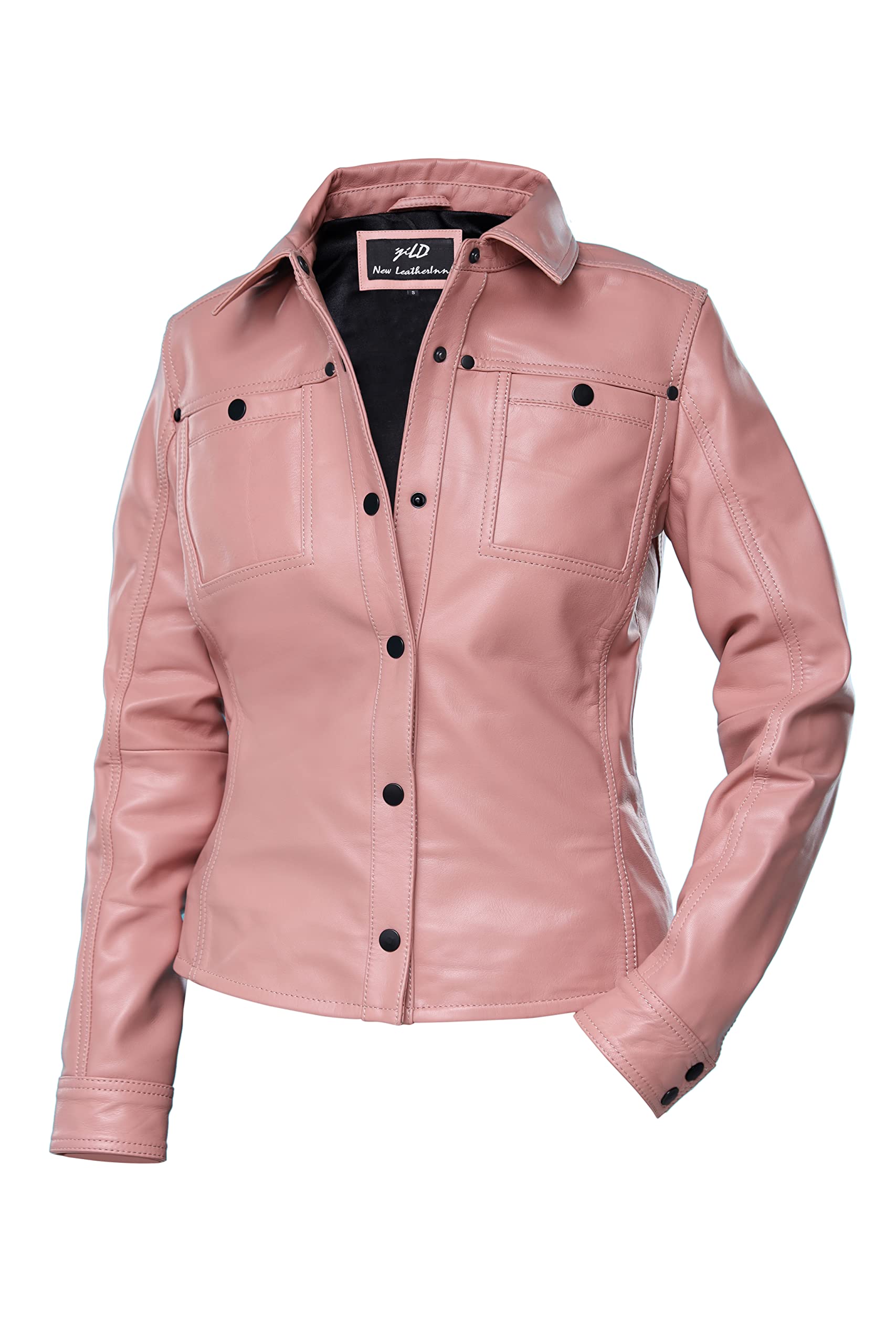 Jild Women's Button Front Lambskin Leather Jacket Shacket - Casual Long Sleeve Shirt Jacket with Bust Pocket | Perfect for Fall Layering, Date Nights & Office Wear