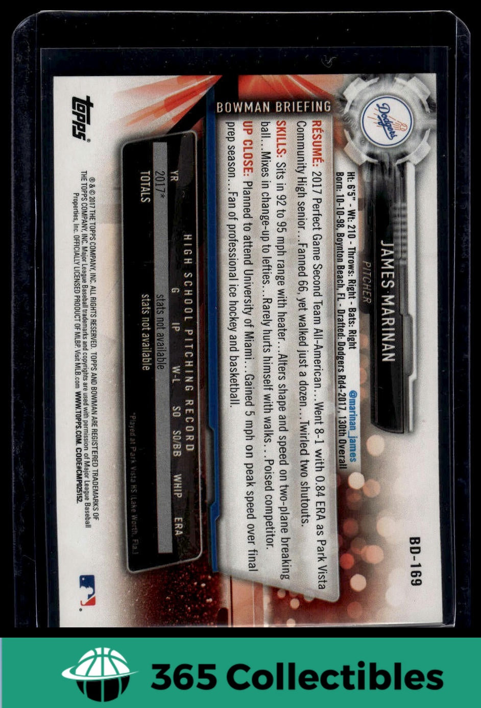 2017 Bowman Draft James Marinan Rookie Card #BD-169 - Los Angeles Dodgers Baseball Trading Card for Collectors & Fans - Perfect for Sports Memorabilia Collections & Gift Giving